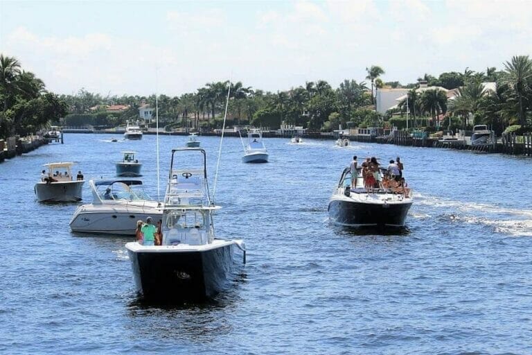 Several boats gathered on the Intracoastal Waterway
