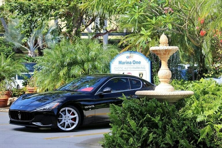 Maserati parked near fountain