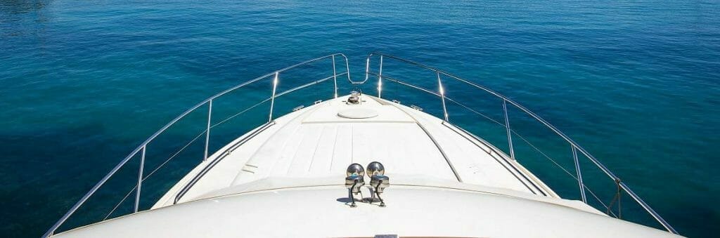 View of boat bow from the helm